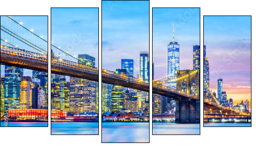 Brooklyn Bridge and the Lower Manhattan skyline at dusk - Five-piece canvas, Pentaptych