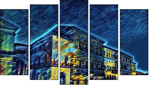 Ponte di mezzo in Pisa, Italy. Old houses at embankment. Italian bridge. Big size oil painting fine art in Vincent Van Gogh style. Modern impressionism drawn. Creative artistic print or poster. - Five-piece canvas, Pentaptych