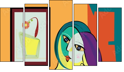Colorful abstract background, cubism art style, portrait of woman sitting - Five-piece canvas, Pentaptych