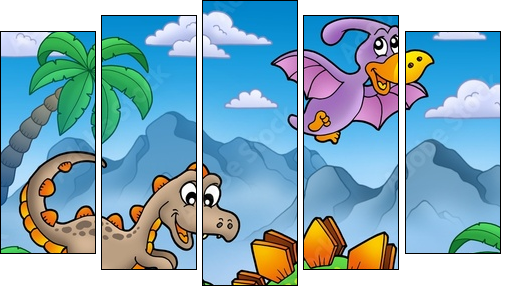 Landscape with dinosaurs 2 - Five-piece canvas, Pentaptych