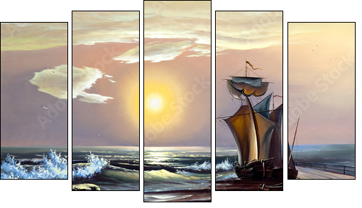 Sailing boat against the coming sun - Five-piece canvas, Pentaptych