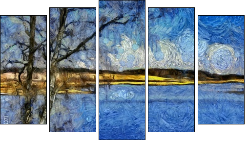 Incredible beauty of nature landscape. Spring season. Impressionism oil painting in Vincent Van Gogh modern style. Creative artistic print for canvas or textile. Wallpaper, poster or postcard design. - Five-piece canvas, Pentaptych