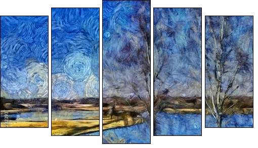Incredible beauty of nature landscape. Spring season. Impressionism oil painting in Vincent Van Gogh modern style. Creative artistic print for canvas or textile. Wallpaper, poster or postcard design. - Five-piece canvas, Pentaptych