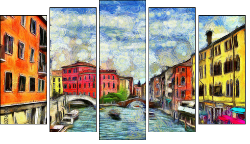 Venetian canal with moving boats, digital imitation of Van Gogh painting style - Five-piece canvas, Pentaptych