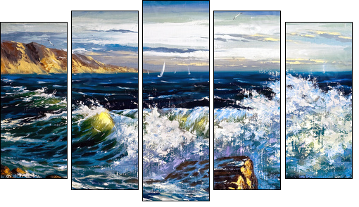 Storm waves on seacoast - Five-piece canvas, Pentaptych