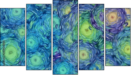 Abstract painting impressionism wall art print example with oil imitation in Vincent Van Gogh style. Artistic contemporary design decor elements. Pop modern abstraction with vibrant bright strokes. - Five-piece canvas, Pentaptych