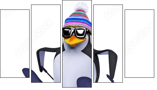 3d Penguin skiing like a pro - Five-piece canvas, Pentaptych