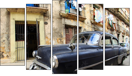 A classic old car is black color parked in front of the building - Five-piece canvas, Pentaptych