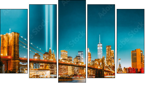 New York night view of the Lower Manhattan and the Brooklyn Bridge across the East River. - Five-piece canvas, Pentaptych