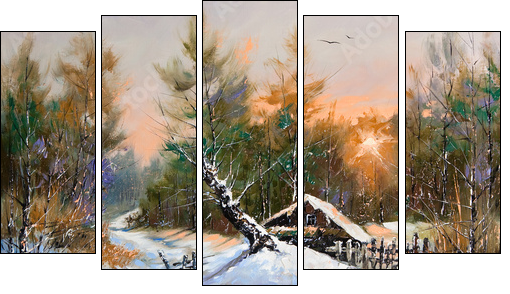 Rural winter landscape - Five-piece canvas, Pentaptych