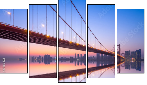 Wuhan parrot shoal yangtze river bridge in nightfall, hubei, China, suspension bridge - Five-piece canvas, Pentaptych