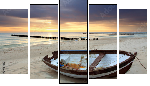 Boat on beautiful beach in sunrise - Five-piece canvas, Pentaptych