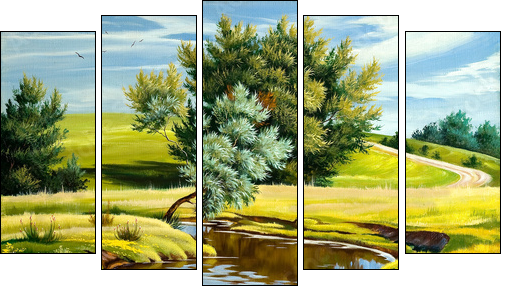 Summer landscape with the river - Five-piece canvas, Pentaptych