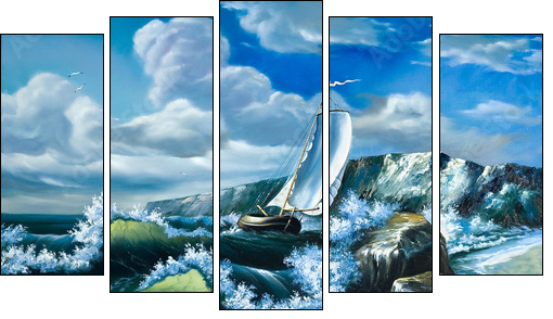 Lonely sailing vessel in the storming sea - Five-piece canvas, Pentaptych