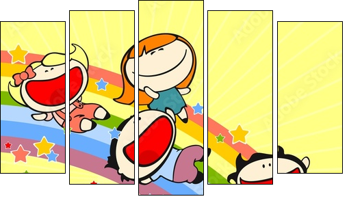 Kids sliding on a rainbow - Five-piece canvas, Pentaptych