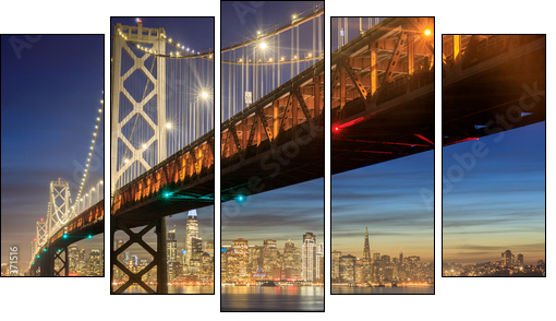 Western Span of San Francisco-Oakland Bay Bridge and San Francisco Waterfront in Blue Hour. Shot from Yerba Buena Island, San Francisco, California, USA. - Five-piece canvas, Pentaptych