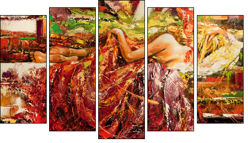 The sleeping girl drawn by oil on a canvas - Five-piece canvas, Pentaptych
