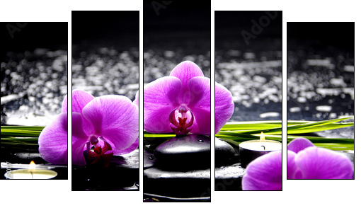 Spa still life with set of pink orchid and stones reflection - Five-piece canvas, Pentaptych