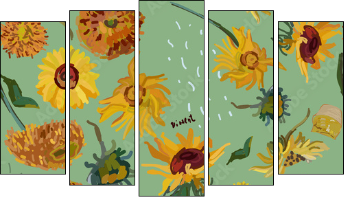 Sunflower flowers on a background of sea green. Vector illustration based on the painting of Van Gogh. - Five-piece canvas, Pentaptych