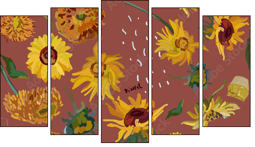 Sunflower flowers on a background of sea green. Vector illustration based on the painting of Van Gogh. - Five-piece canvas, Pentaptych