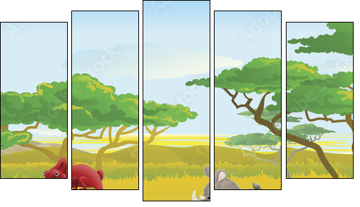 Cute African safari animal cartoon scene - Five-piece canvas, Pentaptych