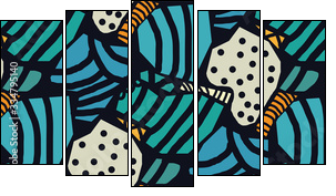 Creative seamless pattern in the style of Picasso. Various hand-drawn geometric shapes in turquoise, gold tones. Grunge texture. Minimalistic vintage design. Crazy art Wallpaper. Vector illustration. - Five-piece canvas, Pentaptych