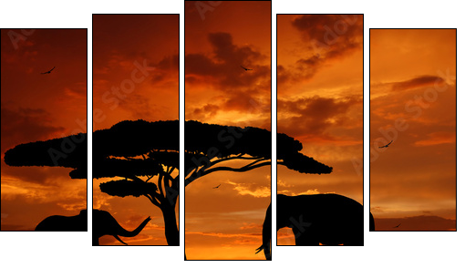 Silhouette two elephants in the sunset - Five-piece canvas, Pentaptych