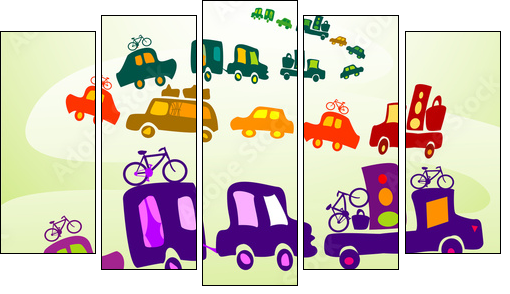 cars caravan, Group of kids playing in a landscape - Five-piece canvas, Pentaptych