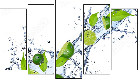 Limes falling in water splash, isolated on white background - Five-piece canvas, Pentaptych