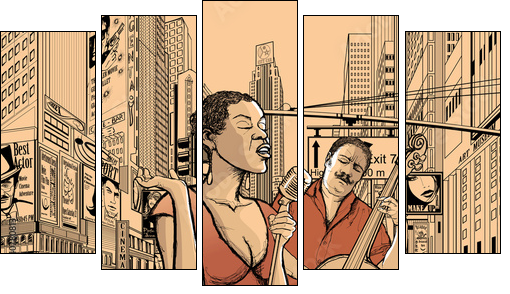 jazz singer and doublle bass - Five-piece canvas, Pentaptych