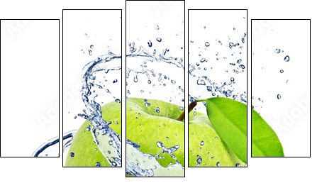 Green apple with water splash, isolated on white background - Five-piece canvas, Pentaptych