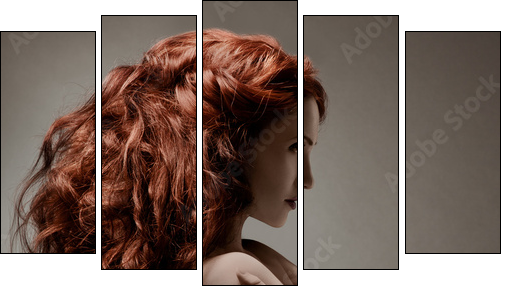 Beautiful woman with curly hairstyle against gray background - Five-piece canvas, Pentaptych