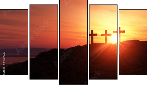 3 Kreuze am HÃ¼gel bei Sonnenuntergang - Five-piece canvas, Pentaptych