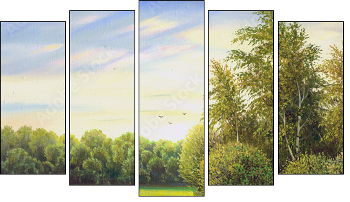 beautiful summer landscape, canvas, oil - Five-piece canvas, Pentaptych