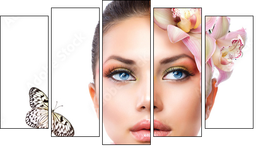 Beautiful Girl With Orchid Flowers and Butterfly - Five-piece canvas, Pentaptych