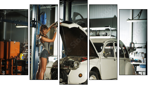 A beautiful brunette woman in a garage fixing an old car - Five-piece canvas, Pentaptych