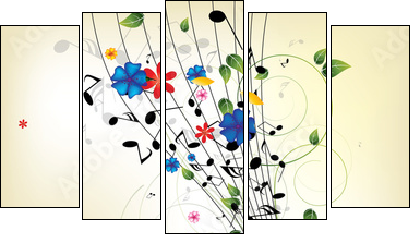 Floral musical background with notes - Five-piece canvas, Pentaptych