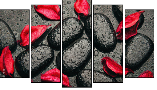 background spa. black stones and red petals with water droplets - Five-piece canvas, Pentaptych