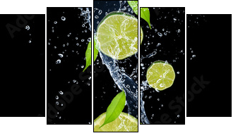 Limes in water splash, isolated on black background - Five-piece canvas, Pentaptych