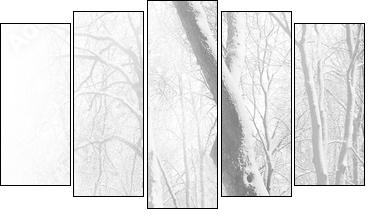 Red benches in the fog in winter - Five-piece canvas, Pentaptych