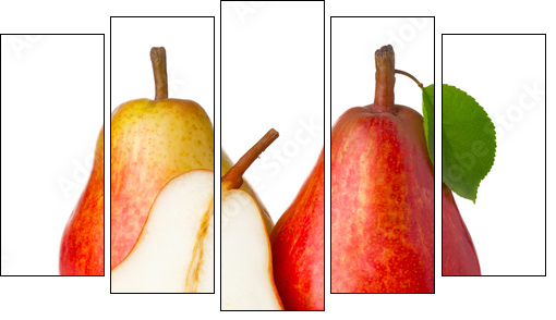 Ripe red pear fruits with green leaves isolated - Five-piece canvas, Pentaptych