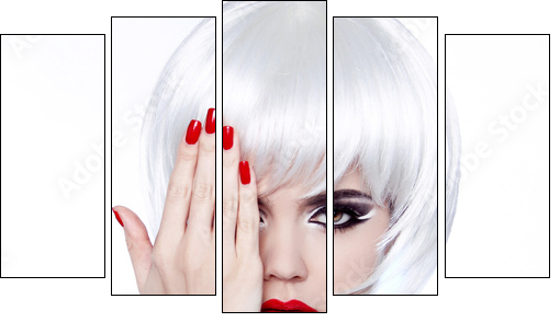 White Hair and Red Nails. Fashion Beauty Girl. Red lips. Manicur - Five-piece canvas, Pentaptych