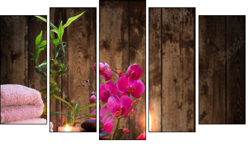 massage - bamboo - orchid, towels, candles stones - Five-piece canvas, Pentaptych