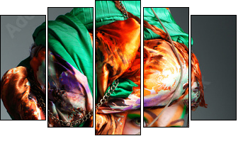 photo of redheaded girl in a head-dress from the coloured fabric - Five-piece canvas, Pentaptych