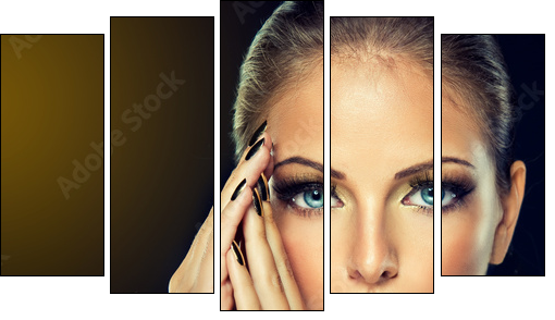 The girl with the Golden makeup and metal nails. - Five-piece canvas, Pentaptych