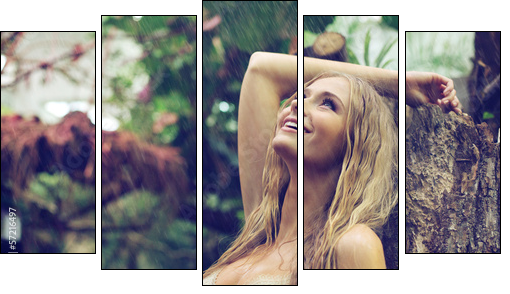 Amazing woman enjoying warm rain - Five-piece canvas, Pentaptych