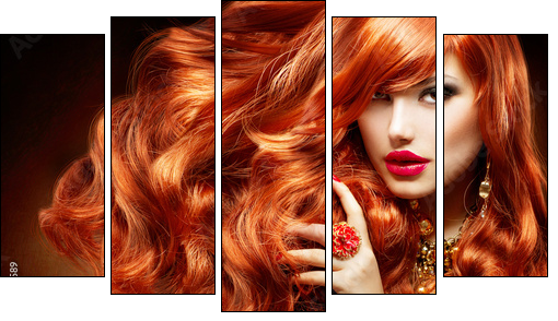 Long Curly Red Hair. Fashion Woman Portrait - Five-piece canvas, Pentaptych