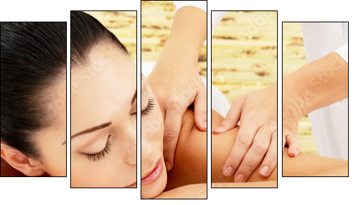 Woman having massage of shoulder in spa salon - Five-piece canvas, Pentaptych