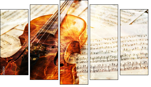 Old violin lying on the sheet of music - Five-piece canvas, Pentaptych