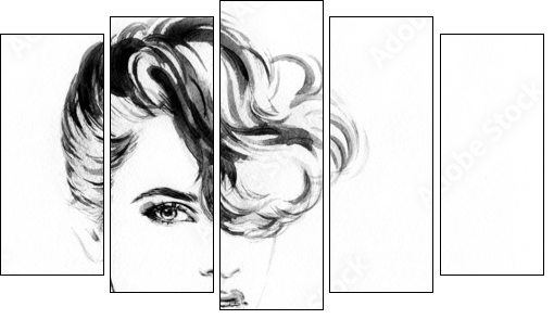 Beautiful woman face. watercolor illustration - Five-piece canvas, Pentaptych